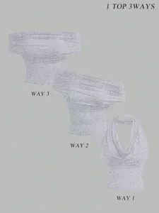 Grey knit halter neck vest top for women, sexy cowl neck sleeveless top with multi-way options.