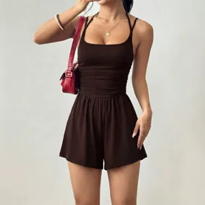 Women casual brown spaghetti strap romper jumpsuit summer sleeveless shorts wide leg loose main