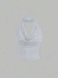 Grey cowl neck halter top, stylish and versatile sleeveless summer blouse for women.