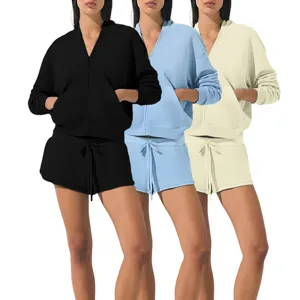 Women Casual Long Sleeve Hooded Zipper Sweatshirt And Shorts Top And Bottom Solid Color Loose Sports Outfit