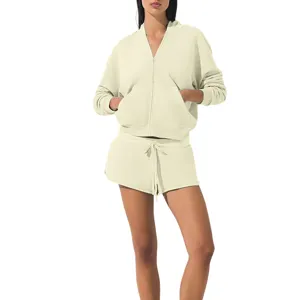 Women Casual Zip Up Hoodie And Shorts Tracksuit Solid Color Sporty Two Piece Set Outfits