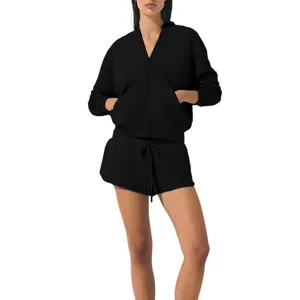 Women black casual zip up jacket and shorts matching set activewear fitness gym workout outfit.