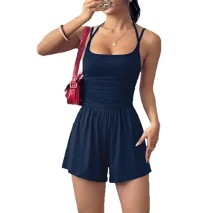 Women summer sexy halter square neck sleeveless casual slim fit wide leg romper shorts