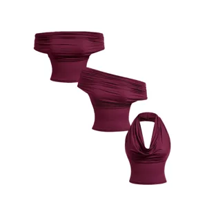 Stylish burgundy cowl neck halter and off-shoulder women vest top for sexy summer outfits