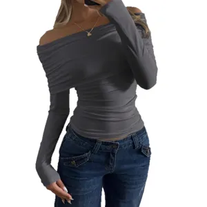 Top con spalle scoperte e manica lunga grigio maglietta basic elegante moda femminile