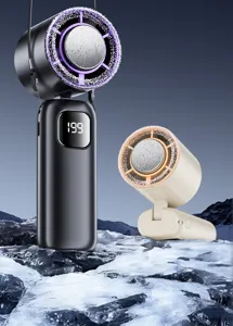 Portable handheld semiconductor cooling fan with digital display and folding neck design.