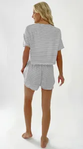 Detailed view of the soft striped knit top and shorts pajama set for comfortable home wear.