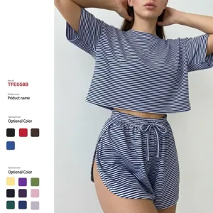Knit striped short sleeve top and shorts loungewear set detail view, soft casual wear.