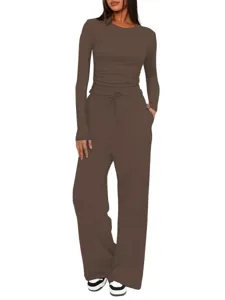Ensemble lounge haut à manches longues uni et pantalon large taille haute pour femme décontracté