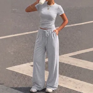 Grey short sleeve top and wide leg sweatpants set casual women outfit comfortable summer wear