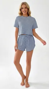 Detailed view of women's blue and white striped knit pajama set featuring short sleeves.