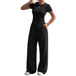 Casual black short sleeve t-shirt and loose drawstring pants set for women spring wear
