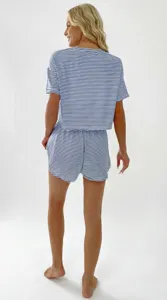 Women striped knit pajama set short sleeve top and casual shorts loungewear sleepwear