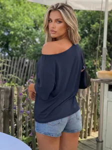 Casual loose off shoulder navy blue t-shirt, stylish solid color y2k top detail shot.