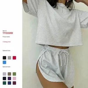 Women Casual Striped Short Sleeve Top And Bottom Loose Soft Sleepwear Loungewear Polyester Pullover Outfit