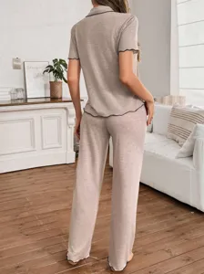 Damen bequeme Kurzarm Cardigan Pyjama Top und lange Hose Loungewear Set Ansicht