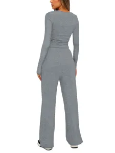 Ensemble haut à manches longues décontracté uni et pantalon large taille haute femme.