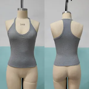 Graues geripptes Neckholder Tanktop für Damen, sexy figurbetontes Y2K Sommer Basic Strickoberteil.