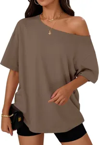 Brown off-the-shoulder loose short sleeve t-shirt, casual stylish Y2K top for women.