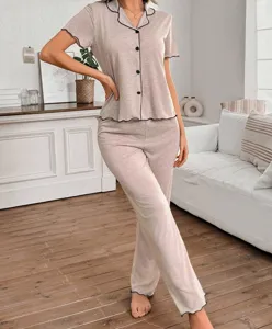 Damen Kurzarm Pyjama Set Knopfleiste Oberteil und lange Hose Hausanzug Bequeme Nachtwäsche