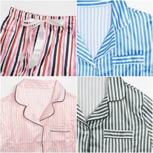 Vue détaillée de pyjama rayé en soie glacée pour femmes, tissu doux, vêtements de nuit.