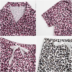 Pyjama court femme en soie glacée imprimé léopard ensemble de loungewear mignon d'été.