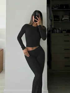 Women solid long sleeve crop top and high waist flare pants two piece set black detail