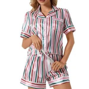 Ensemble Pyjama Satin Rayé Femme Manches Courtes Short Vêtement Nuit Été Confortable Loungewear