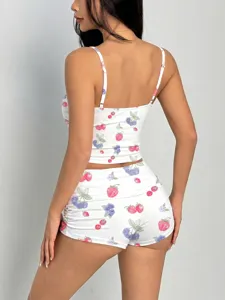 Detailed view of the cute strawberry print two piece set, showing the cropped cami and shorts.