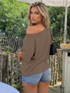 Casual off-the-shoulder short sleeve t-shirt in brown, featuring a loose fit for women.