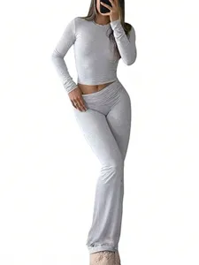Women grey long sleeve crop top flare pants set casual two piece tracksuit sport activewear