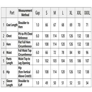 Detailed size chart measurement table for casual loose clothing set, various sizes.