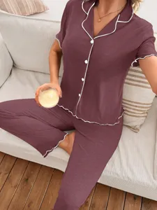 Damen Kurzarm Pyjama Set Knopfleiste Schlafanzug bequeme Hausanzug Zweiteiler Loungewear