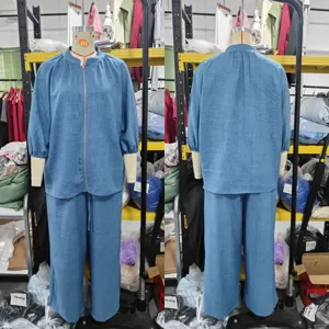 Women casual loose solid color zipper round neck wide-leg pants set summer daily wear