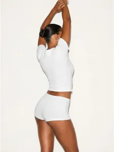 Detailed view of the women casual slim fit short sleeve t shirt and shorts matching set.