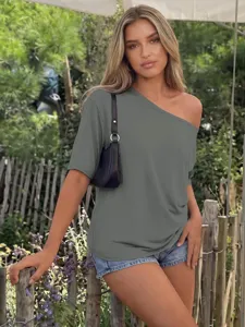 Women's casual one shoulder grey t shirt, loose fit short sleeve Y2K top for daily wear