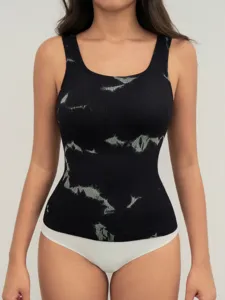 Top débardeur sans coutures tie-dye noir femme, col U côtelé coupe slim streetwear été mode.