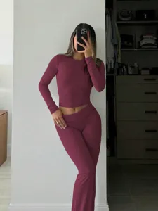 Women long sleeve crop top and low waist flare pants activewear two piece set