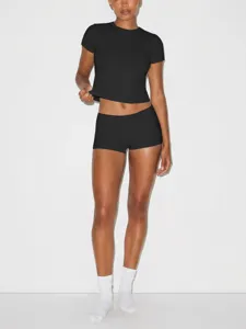 Women solid black short sleeve t shirt and boxer shorts set casual tight slim fit outfit