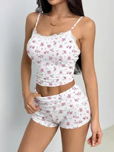 Women floral camisole top and shorts two-piece set sexy slim summer outfit casual wear