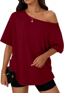 Close-up detail of the wine red off-shoulder short sleeve t-shirt, loose fit and stylish design.