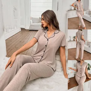 Damen Casual Baumwollmischung Pyjama Set Kurzarm Cardigan Und Lange Hosen Nachtwäsche Loungewear Zweiteiliges Set