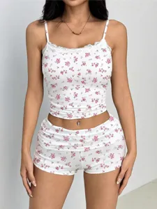 Floral print camisole and matching shorts two-piece set, sweet style, casual summer wear.