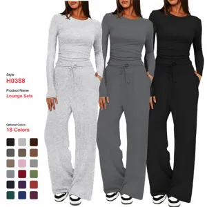 Ensemble Sportswear Femme Décontracté Couleur Unie Haut Manches Longues Et Pantalon Large Taille Haute