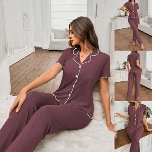 Damen Kurzarm Pyjama Set Knopfleiste Oberteil und lange Hose weiche bequeme Hausbekleidung
