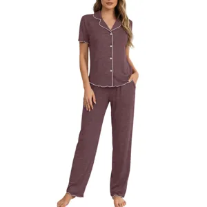 Damen Kurzarm Pyjama Set mit Knopfleiste Schlafanzug und lange Hose Hausanzug.
