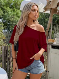Casual women wine red off shoulder loose t-shirt detail view, stylish summer top outfit.