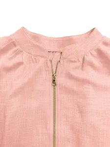 Pink zip top collar detail close up shot, elegant casual daily wear apparel design.