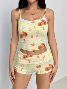 Cute yellow fruit print camisole and matching shorts two piece pajama set for women.