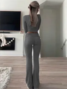 Women grey two piece workout set long sleeve crop top flared pants casual athletic outfit